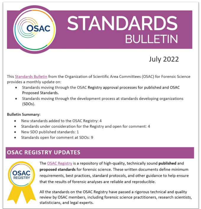 OSAC Standards Bulletin July 2022 NIST